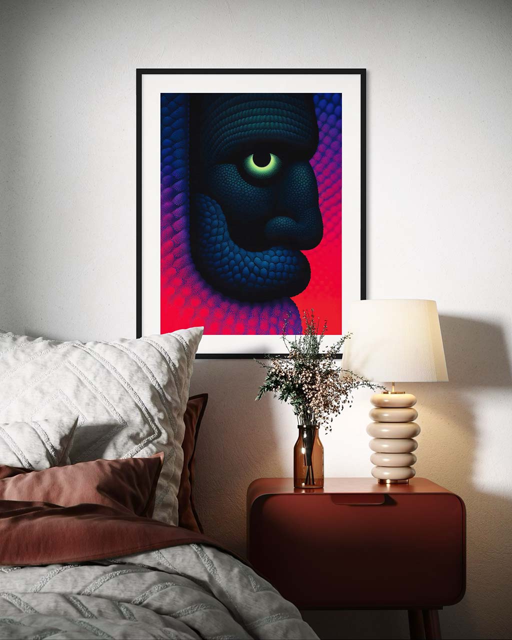 Abstract art poster hanging on the wall in a modern bedroom. The poster features a bold face with a glowing eye, in vibrant colors of blue, purple, and red.