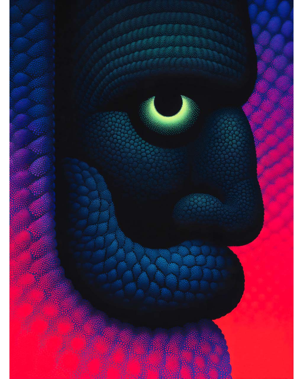 Abstract art poster featuring a bold face with a glowing eye, in vibrant colors of blue, purple, and red.