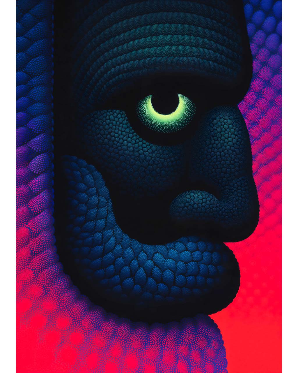 Abstract art poster featuring a bold face with a glowing eye, in vibrant colors of blue, purple, and red.