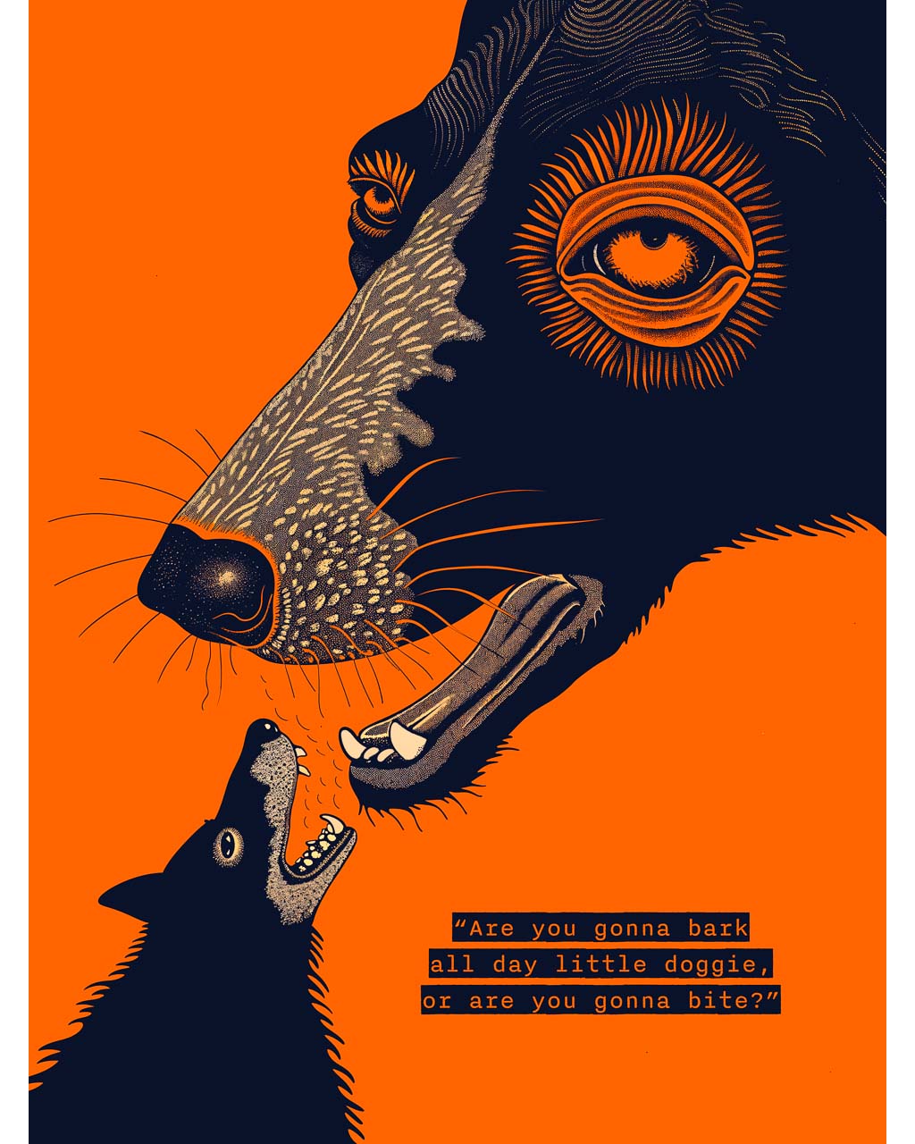 Reservoir Dogs inspired art poster featuring two dogs in a dramatic face-off against vibrant orange background.