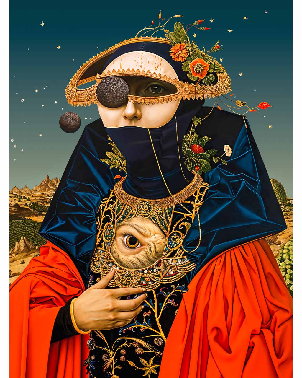 Surreal poster featuring a cosmic lady in a red dress and golden headpiece.