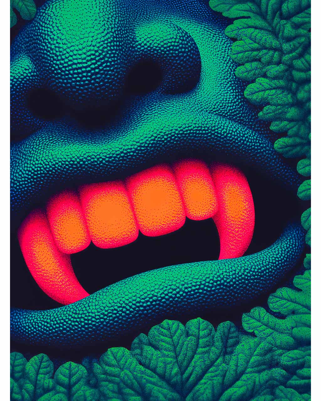 Close-up of a surreal artwork featuring bright orange fangs surrounded by vibrant, green leaves.