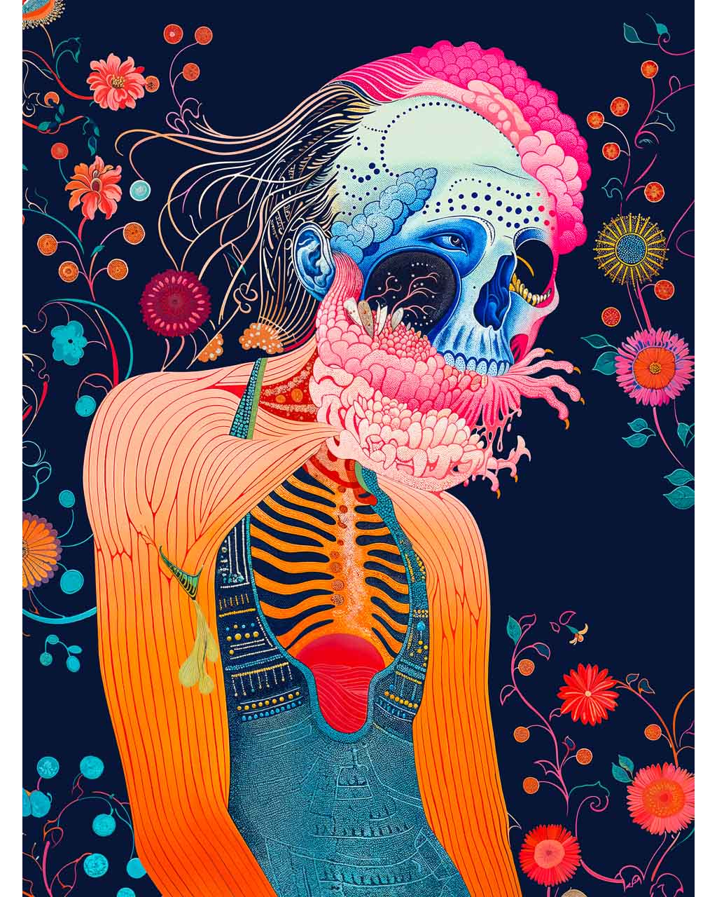 A surreal artwork titled Floral Rebirth, depicting a figure with a vibrant blue skull intertwined with colourful floral elements.