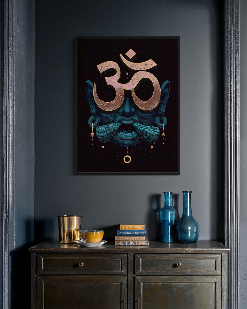Surreal art poster on the wall. The poster features a Buddha with oversized Om symbol.