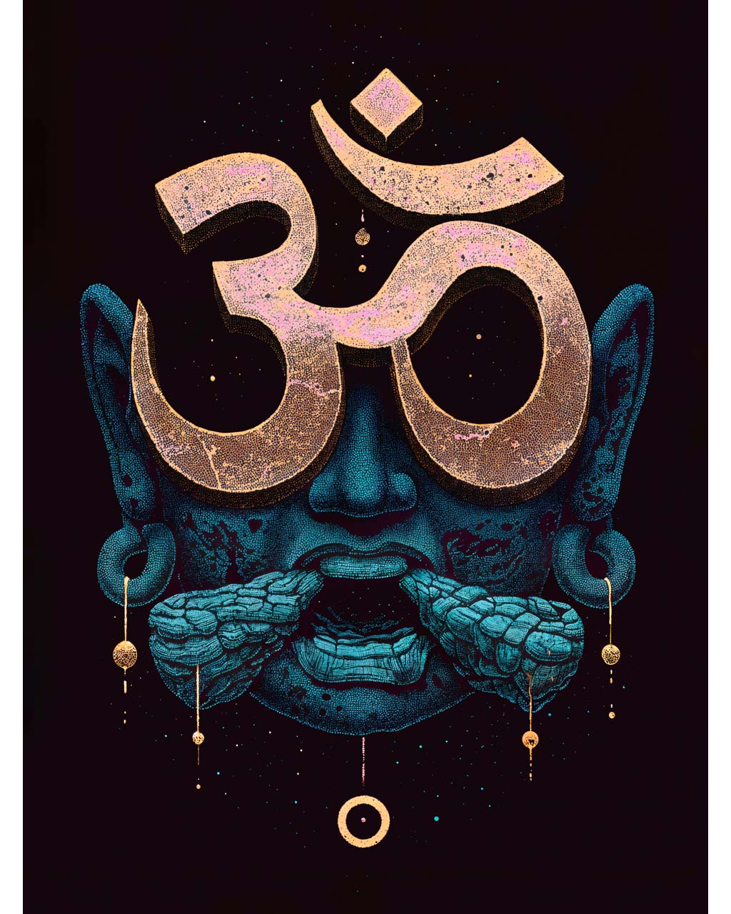 Surreal artwork of a Buddha with oversized Om symbols, emphasizing bold colors and textures.