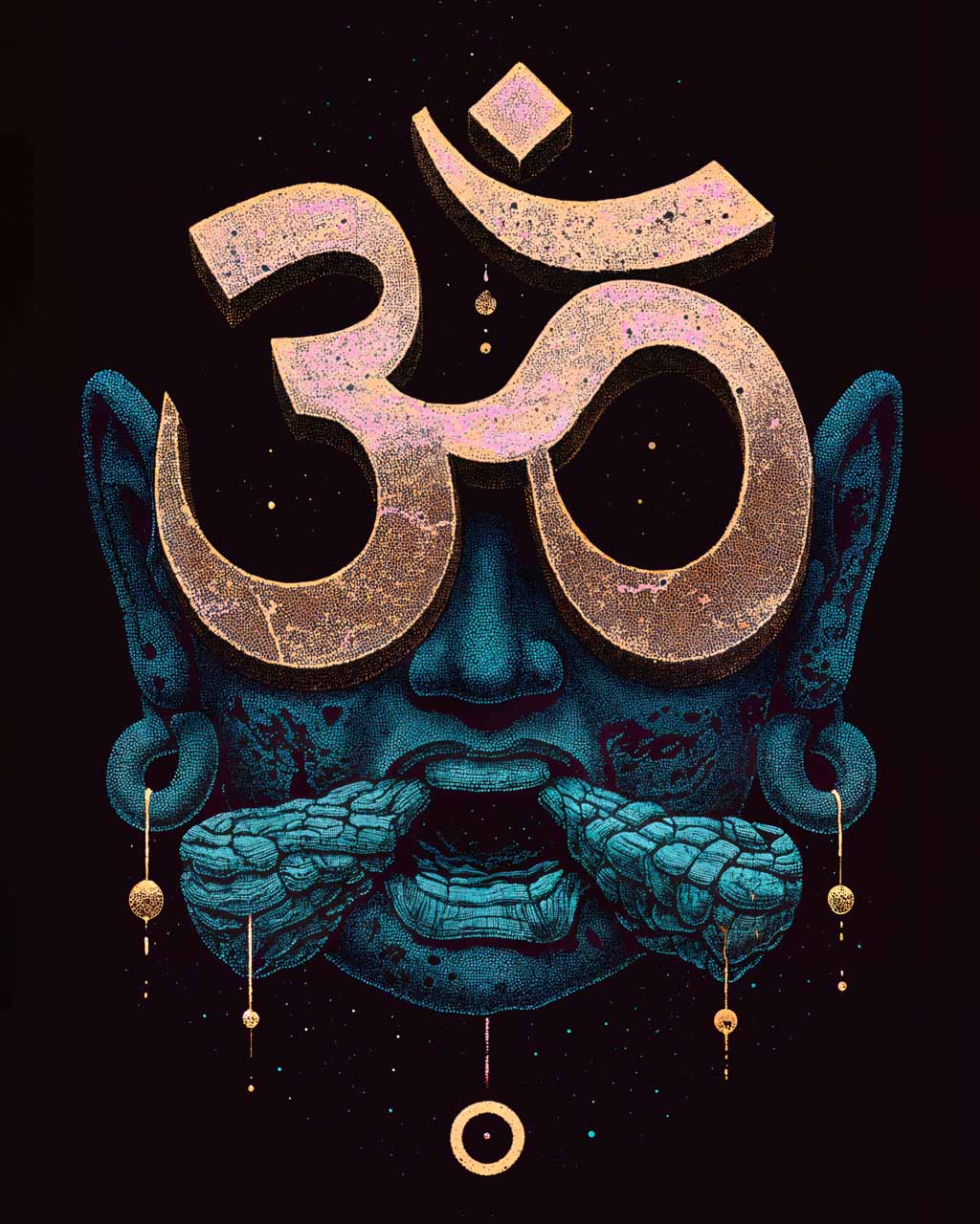 Surreal artwork of a Buddha with oversized Om symbols, emphasizing bold colors and textures.