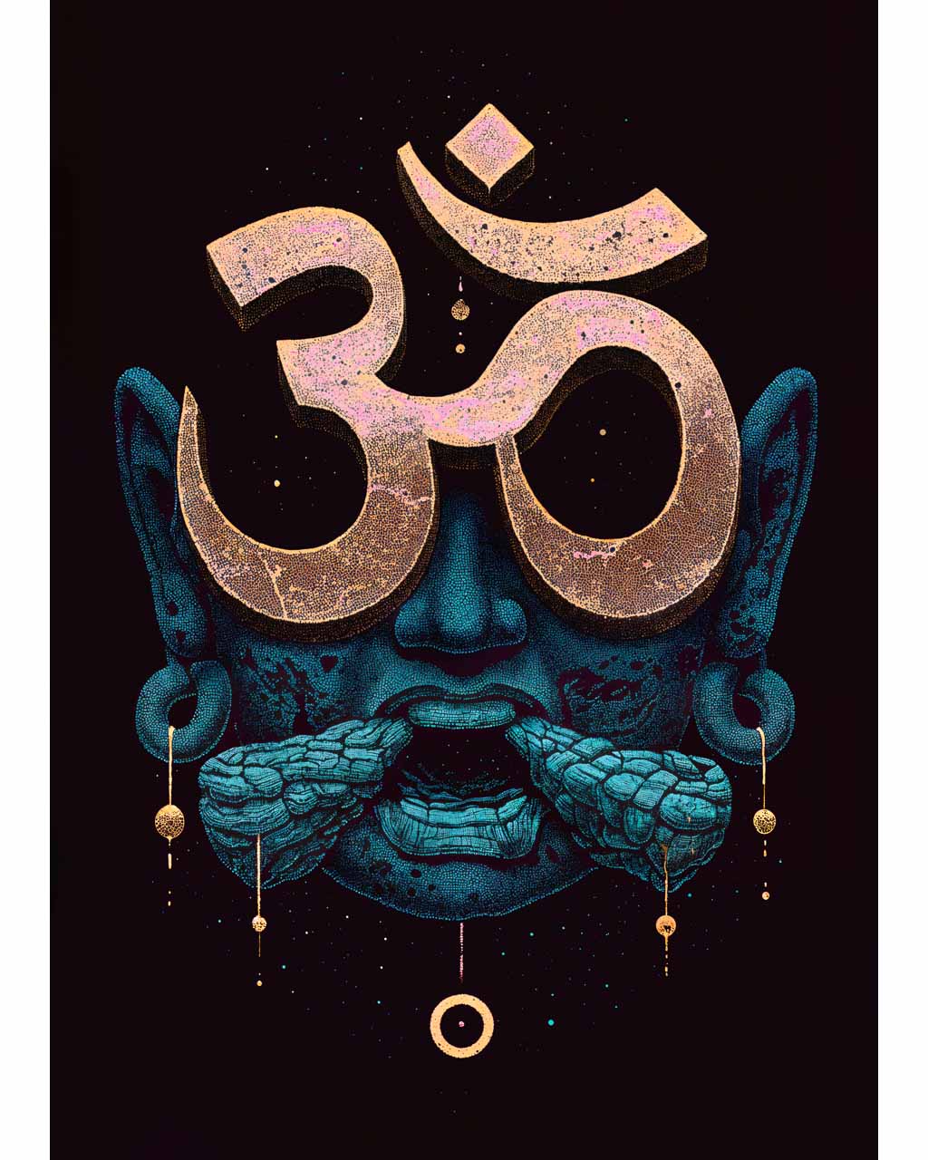 Surreal artwork of a Buddha with oversized Om symbols, emphasizing bold colors and textures.