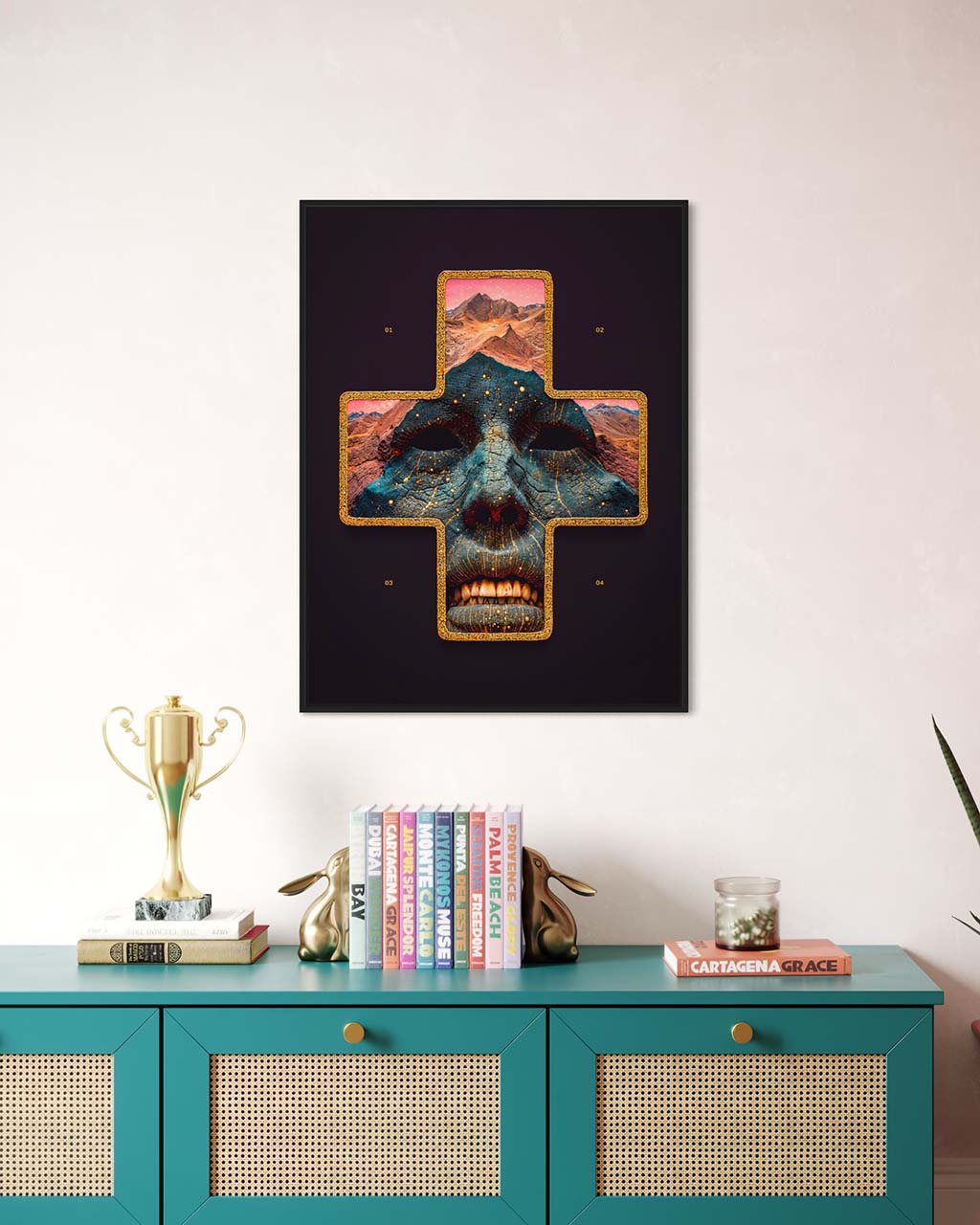 Mockup image of a surreal art poster featuring a cross-shaped design with a face in the center, surrounded by landscapes and textured details.