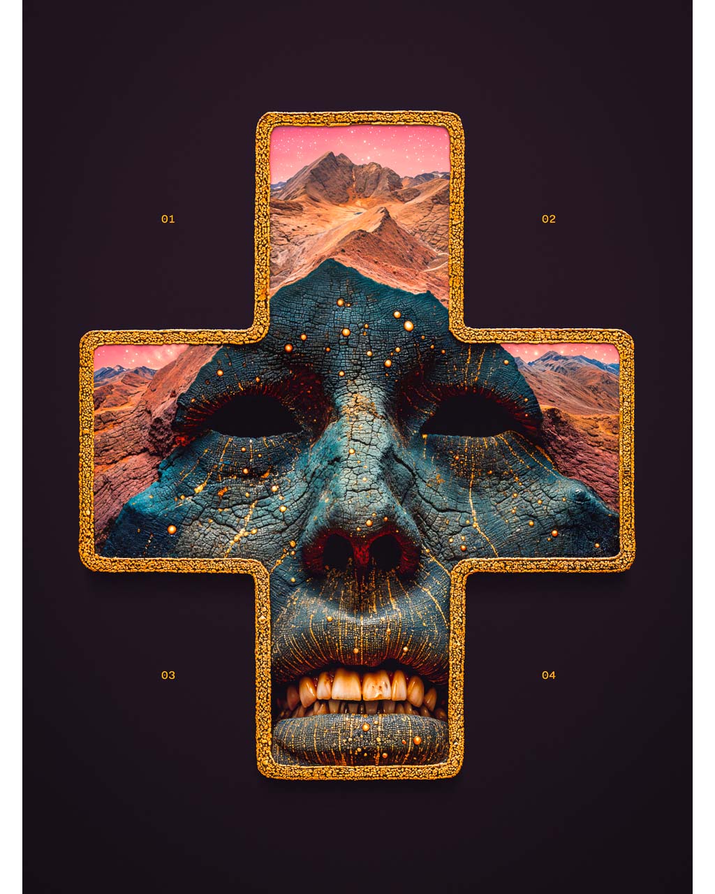 Surreal art poster featuring a cross-shaped design with a face in the center, surrounded by landscapes and textured details.