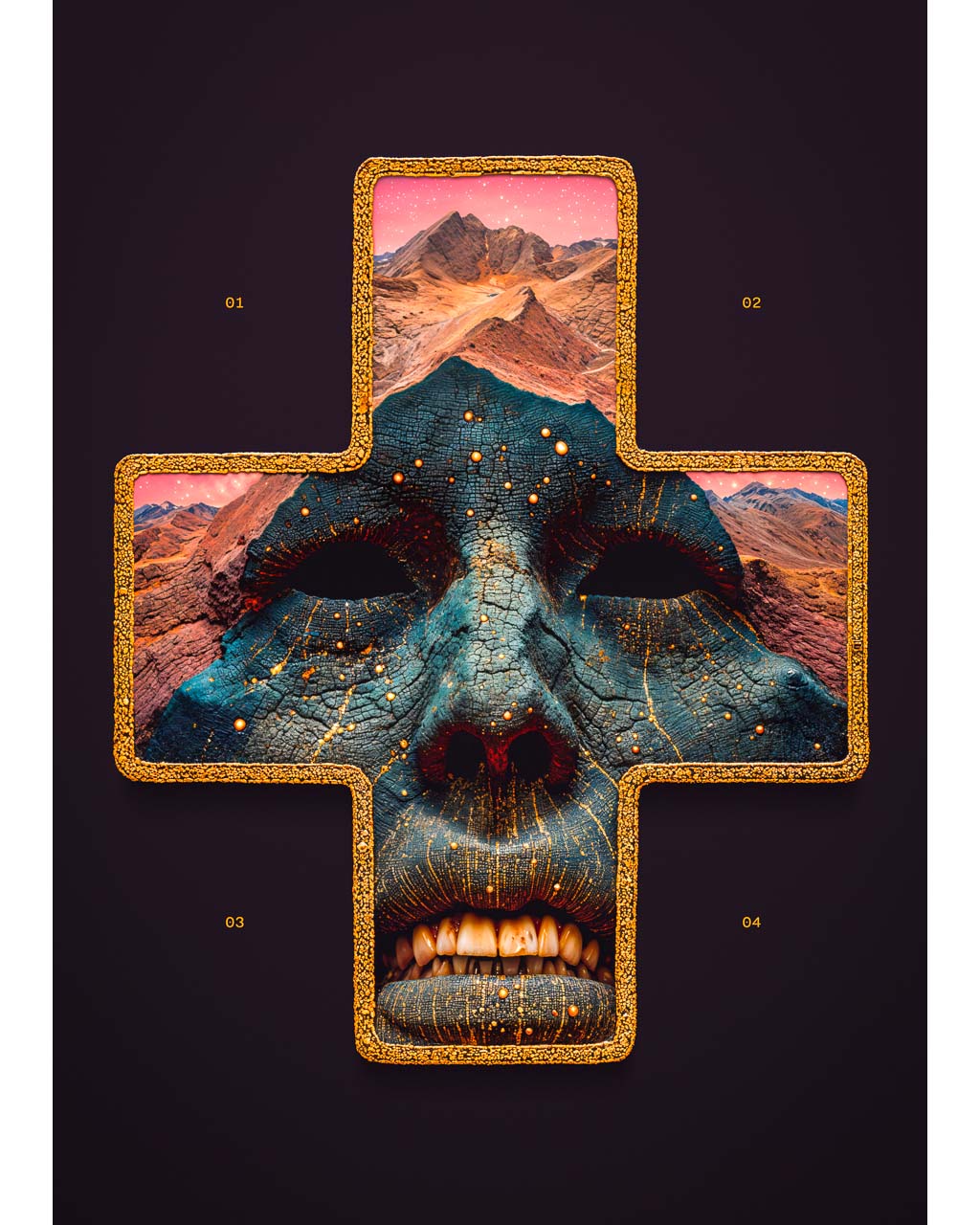 Surreal art poster featuring a cross-shaped design with a face in the center, surrounded by landscapes and textured details.