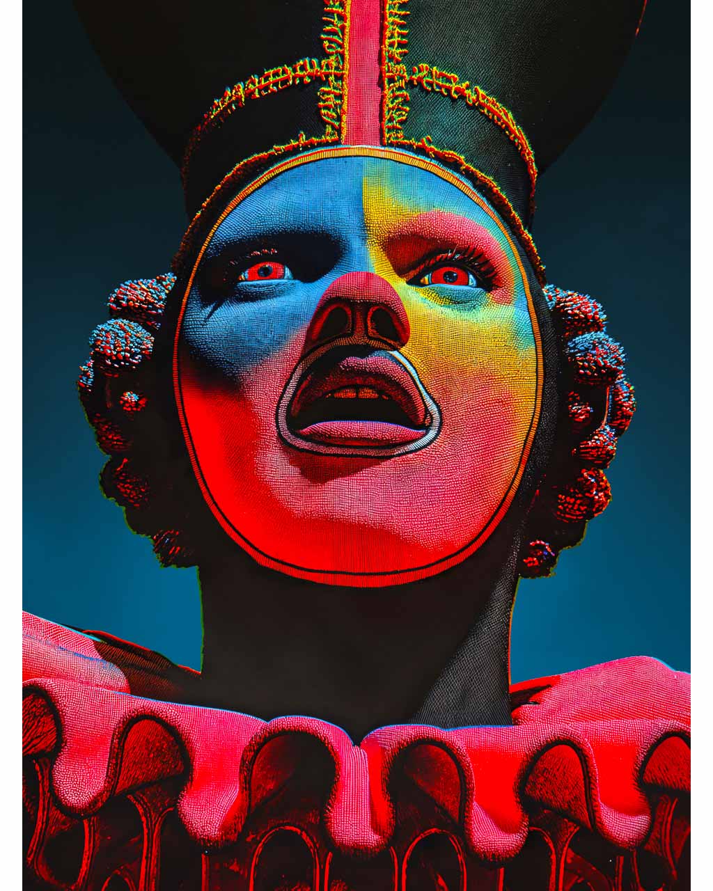 Colourful art poster featuring a closeup image of a surreal ringmaster.