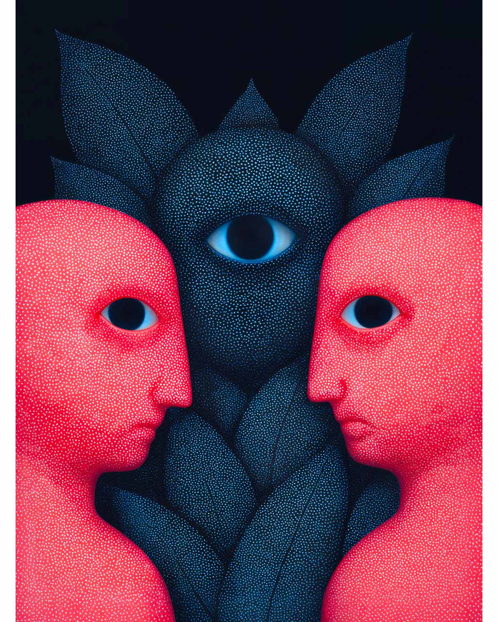 Two red surreal faces staring at each other with a mysterious blue eye watching from the background, surrounded by dark abstract foliage.