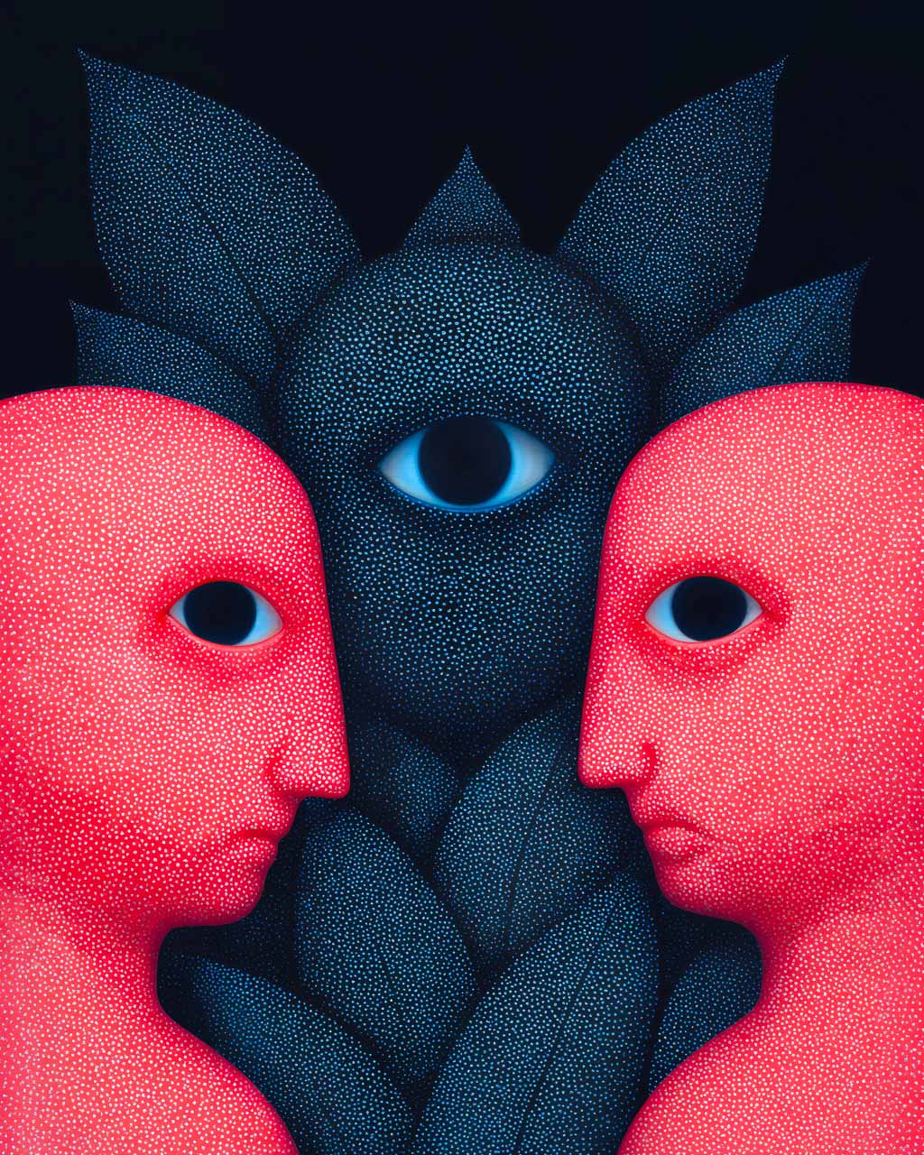 Two red surreal faces staring at each other with a mysterious blue eye watching from the background, surrounded by dark abstract foliage.