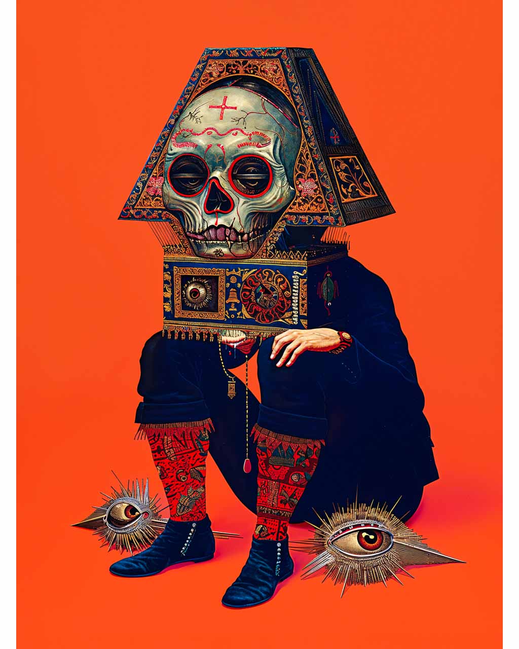 Surreal art poster featuring a lonely skeleton sitting down, wearing an ornate headpiece.