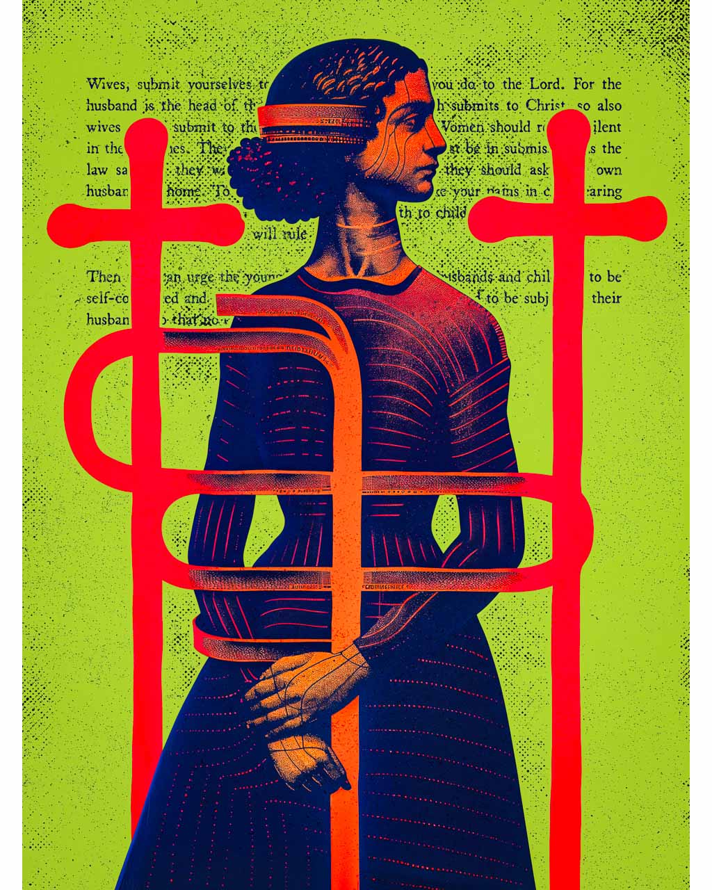 Art poster featuring a woman bound within a cage of red crosses, overlaid with Bible verses .