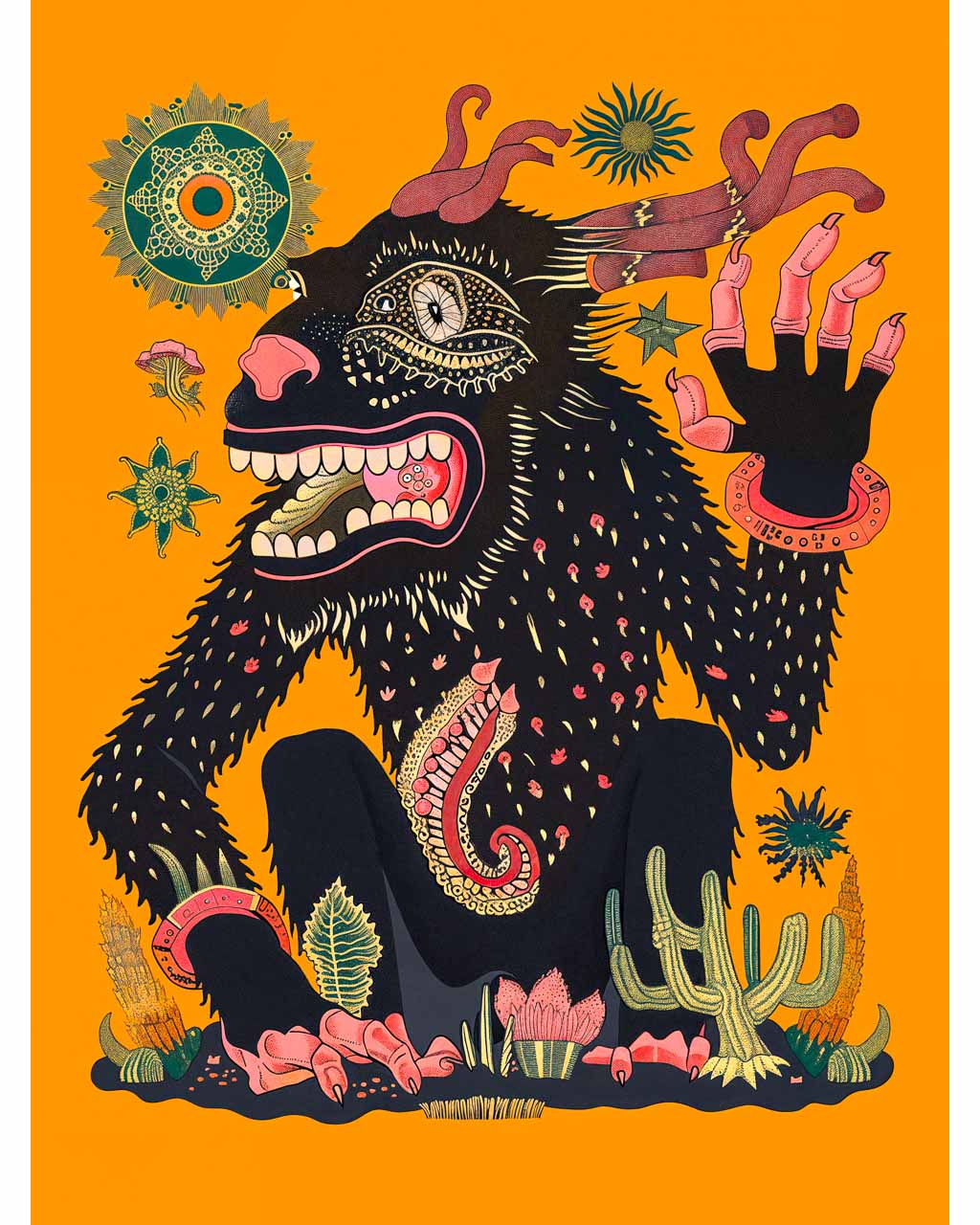 Surreal art poster featuring an illustration of a strange creature waving its hand.