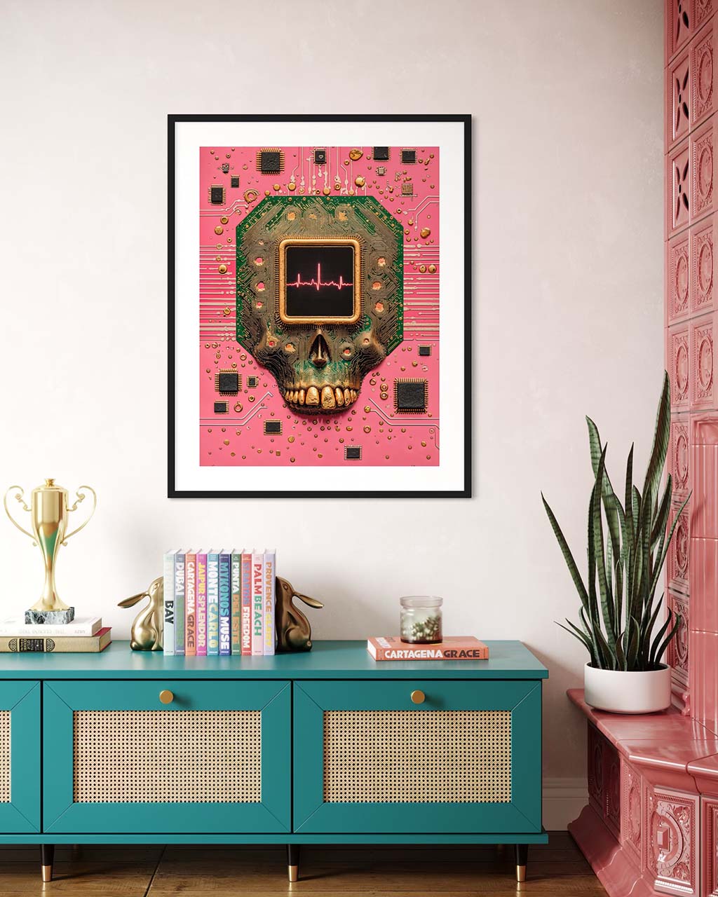 Art poster hanging on the wall. The poster features a surreal skull-shaped circuit board with a heartbeat monitor on a pink background.