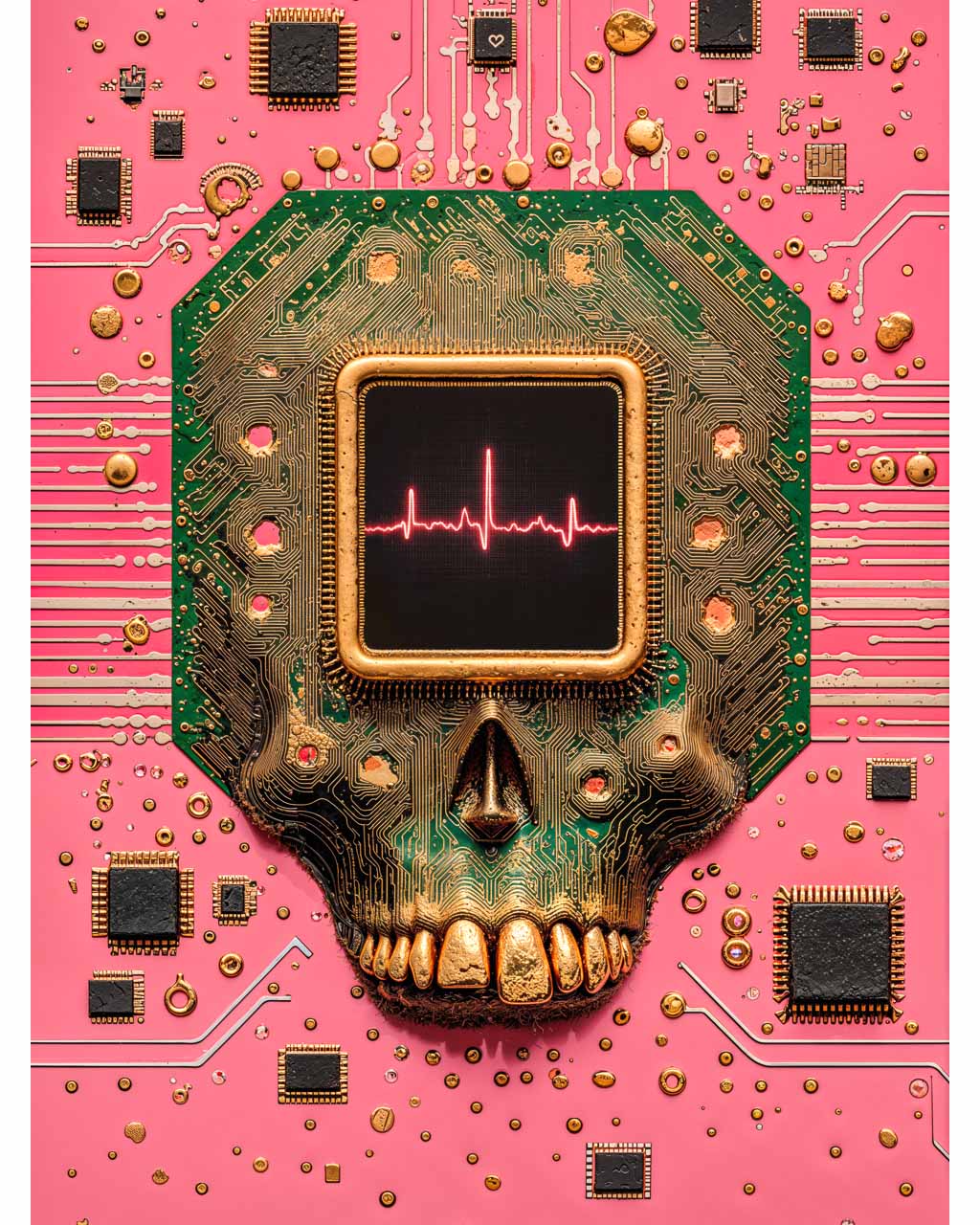 A surreal skull-shaped circuit board with a heartbeat monitor on a pink background.