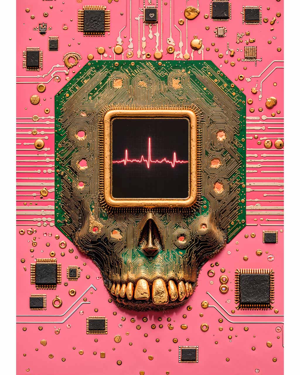 A surreal skull-shaped circuit board with a heartbeat monitor on a pink background.