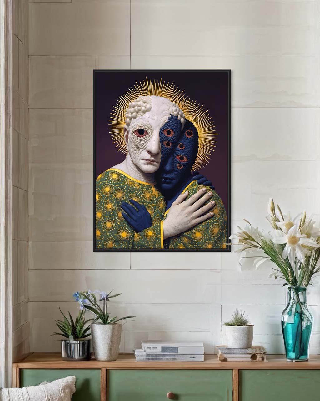 Art poster of the wall featuring two bizarre figures embracing.