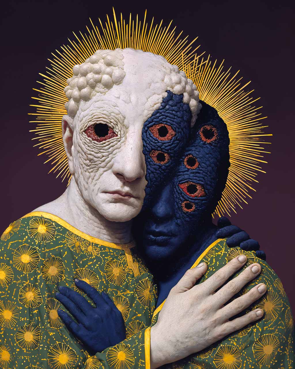Surreal artwork of two bizarre figures embracing.