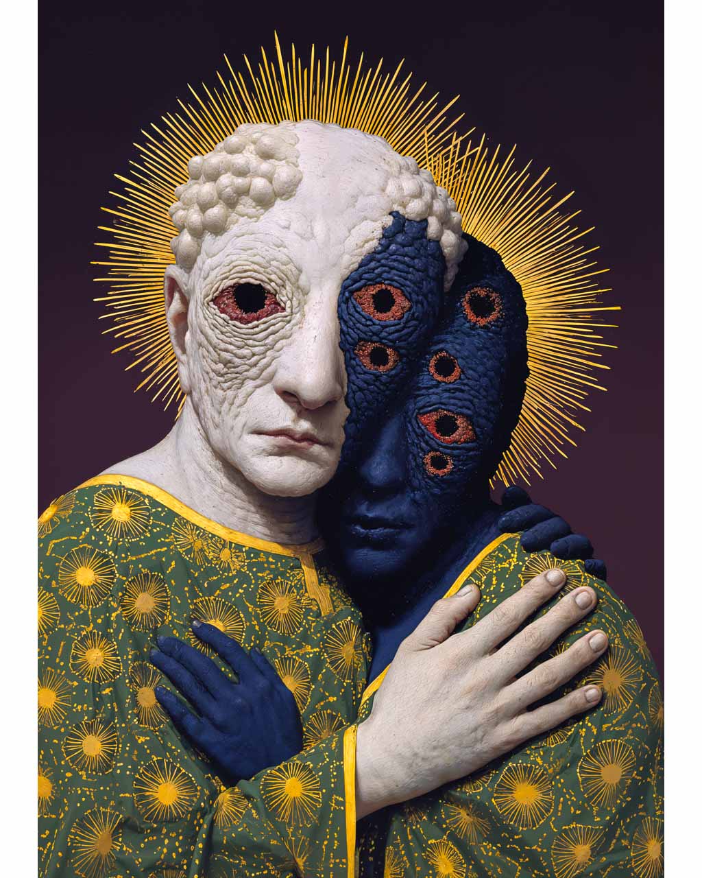 Surreal artwork of two bizarre figures embracing.