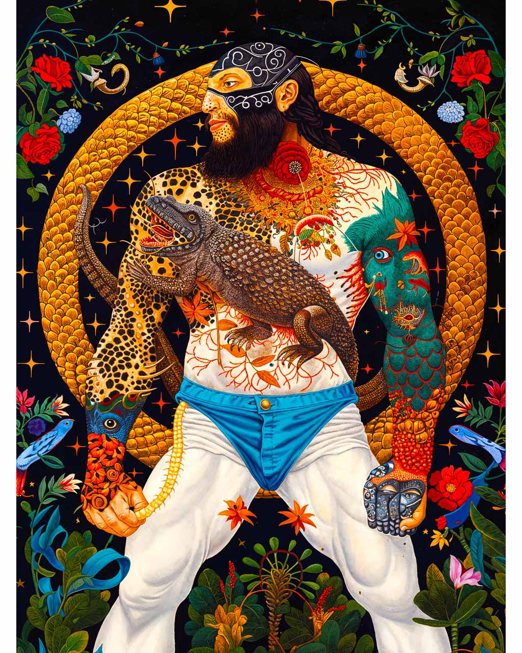 A powerful art poster featuring a muscular man with intricate tattoos, holding a lizard and surrounded by vibrant flora and a golden serpent.