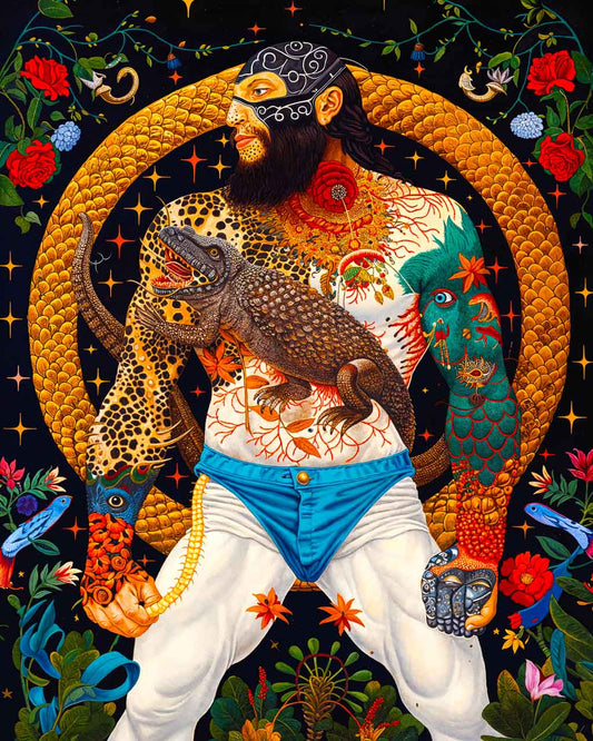 A powerful art poster featuring a muscular man with intricate tattoos, holding a lizard and surrounded by vibrant flora and a golden serpent.