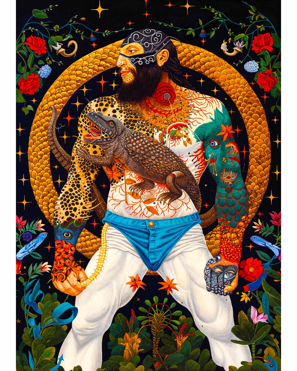 A powerful art poster featuring a muscular man with intricate tattoos, holding a lizard and surrounded by vibrant flora and a golden serpent.