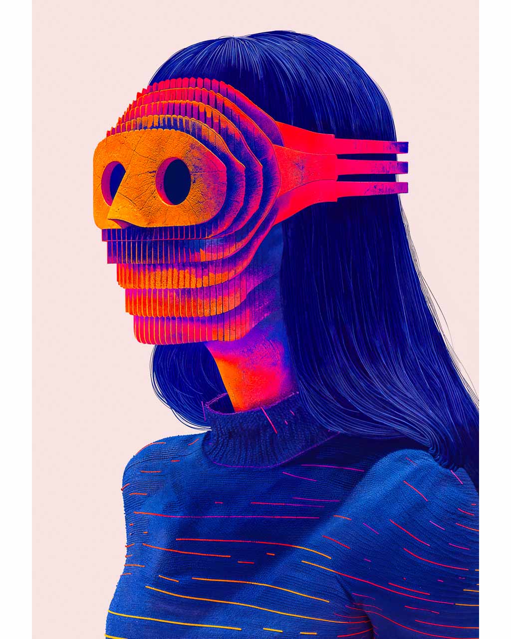Surreal art poster featuring a blue figure wearing a textured orange mask.