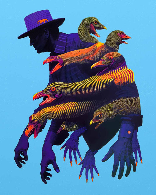 A surreal artwork featuring a shadowy figure surrounded by strange, bird-like creatures with open mouths. 