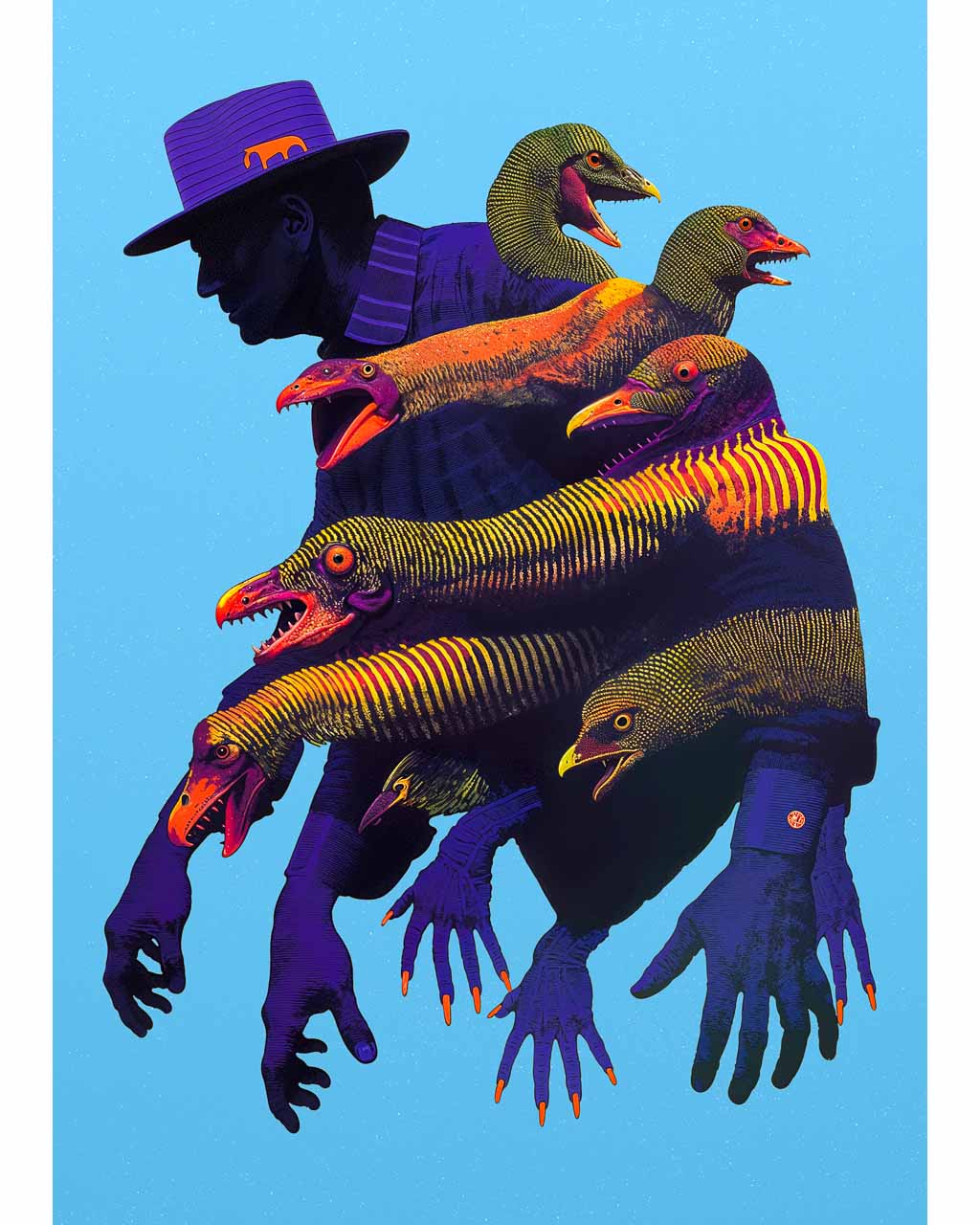 A surreal artwork featuring a shadowy figure surrounded by strange, bird-like creatures with open mouths. 