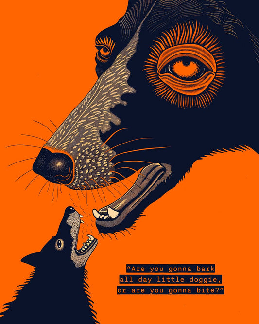 Reservoir Dogs inspired art poster featuring two dogs in a dramatic face-off against vibrant orange background.
