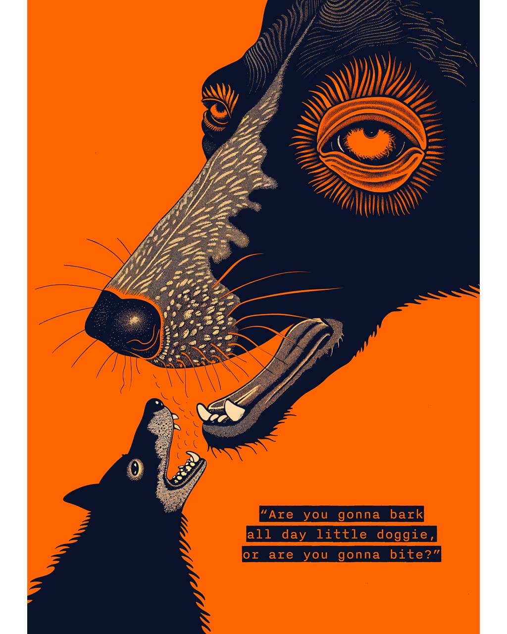 Reservoir Dogs inspired art poster featuring two dogs in a dramatic face-off against vibrant orange background.
