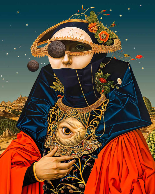 Surreal cosmic poster featuring a lady in a red dress and golden headpiece.