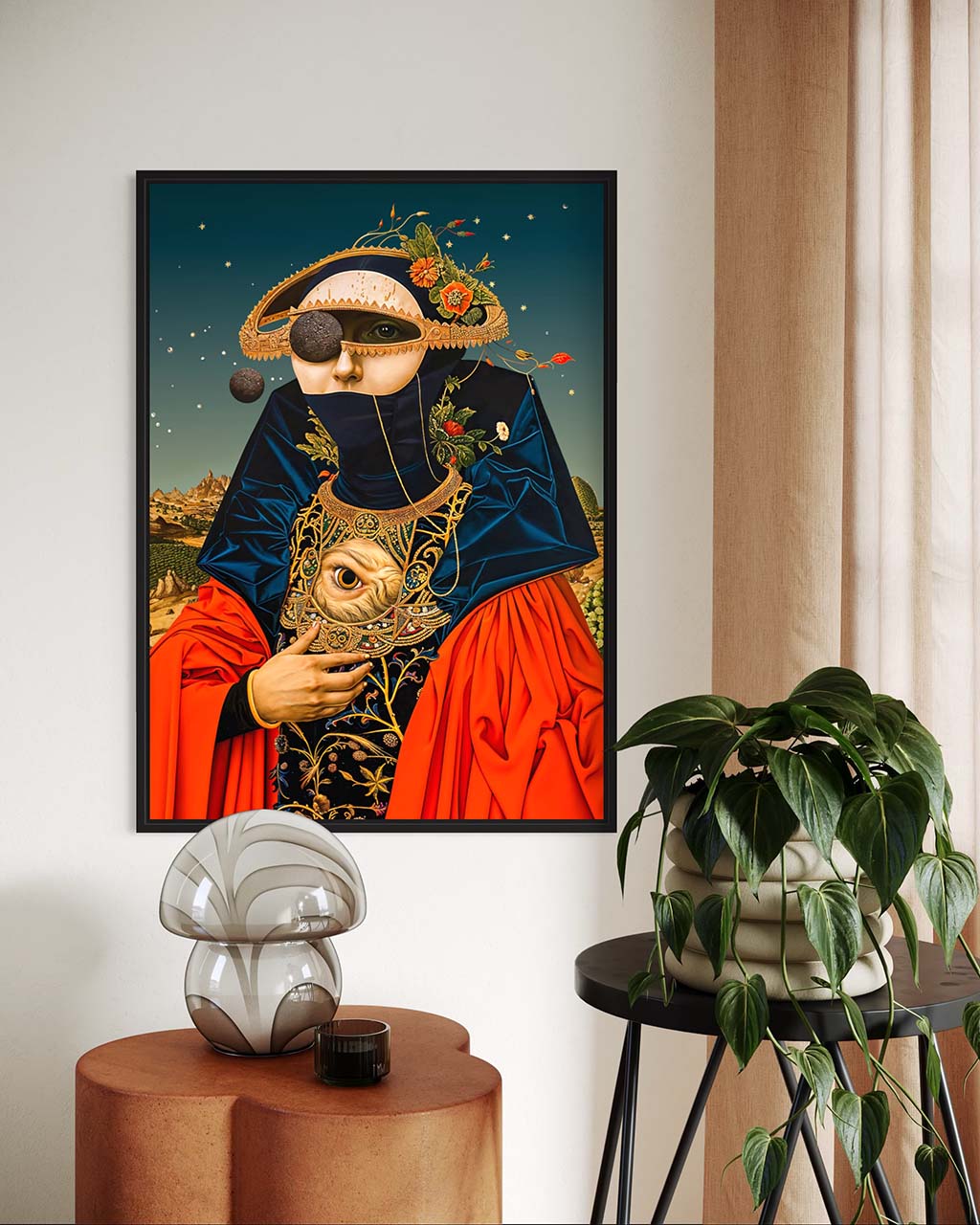 Surreal cosmic wall art featuring a celestial eye, displayed in a modern living room setting.