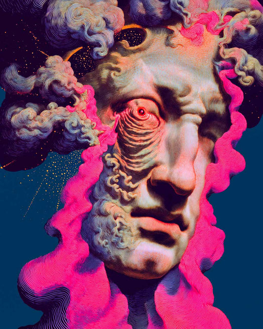 Artistic depiction of a face with a red eye surrounded by colorful abstract elements on a dark blue background.