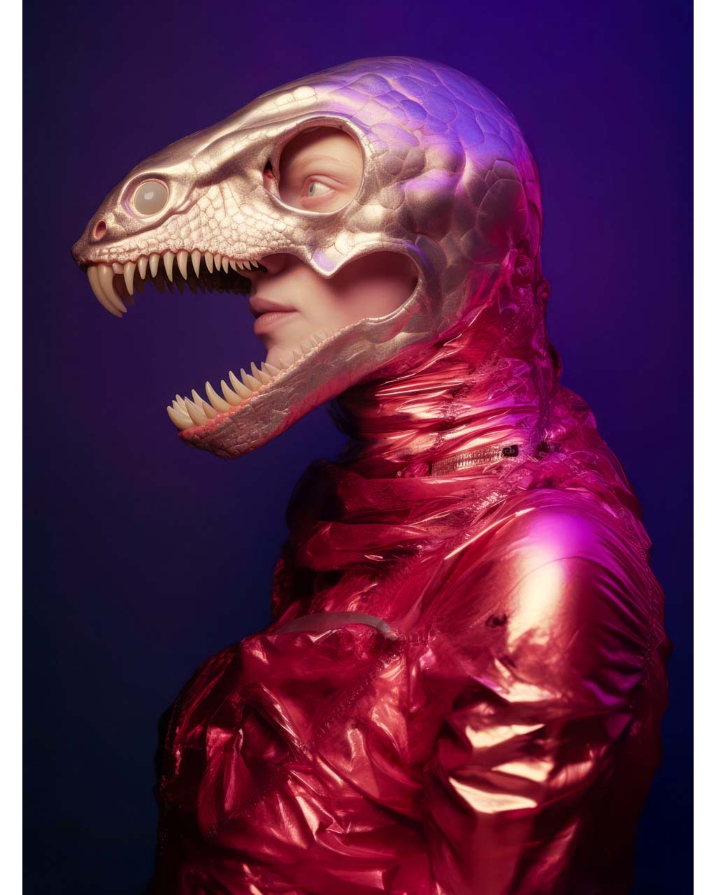 Art poster depicting a man donning a crimson suit and wearing golden lizard mask with scary teeth. Pretty rad!