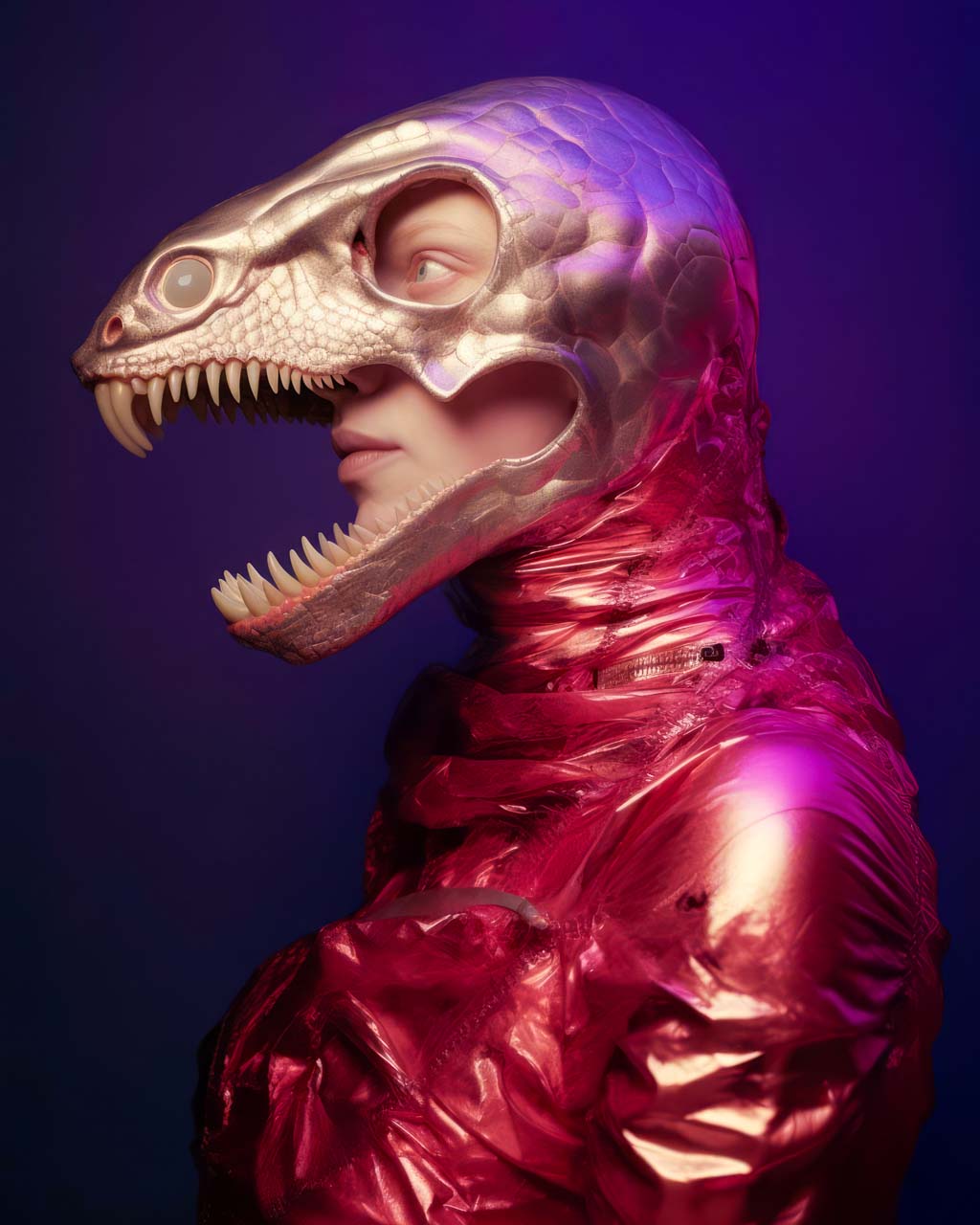 Art poster depicting a man donning a crimson suit and wearing golden lizard mask with scary teeth. Pretty rad!