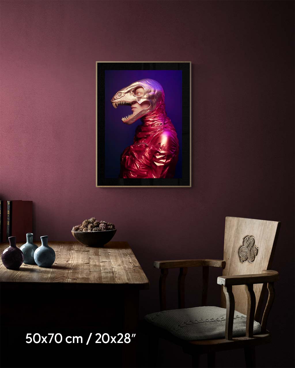 A wall mockup of an art poster depicting a man donning a crimson suit and wearing golden lizard mask with scary teeth. Pretty rad!
