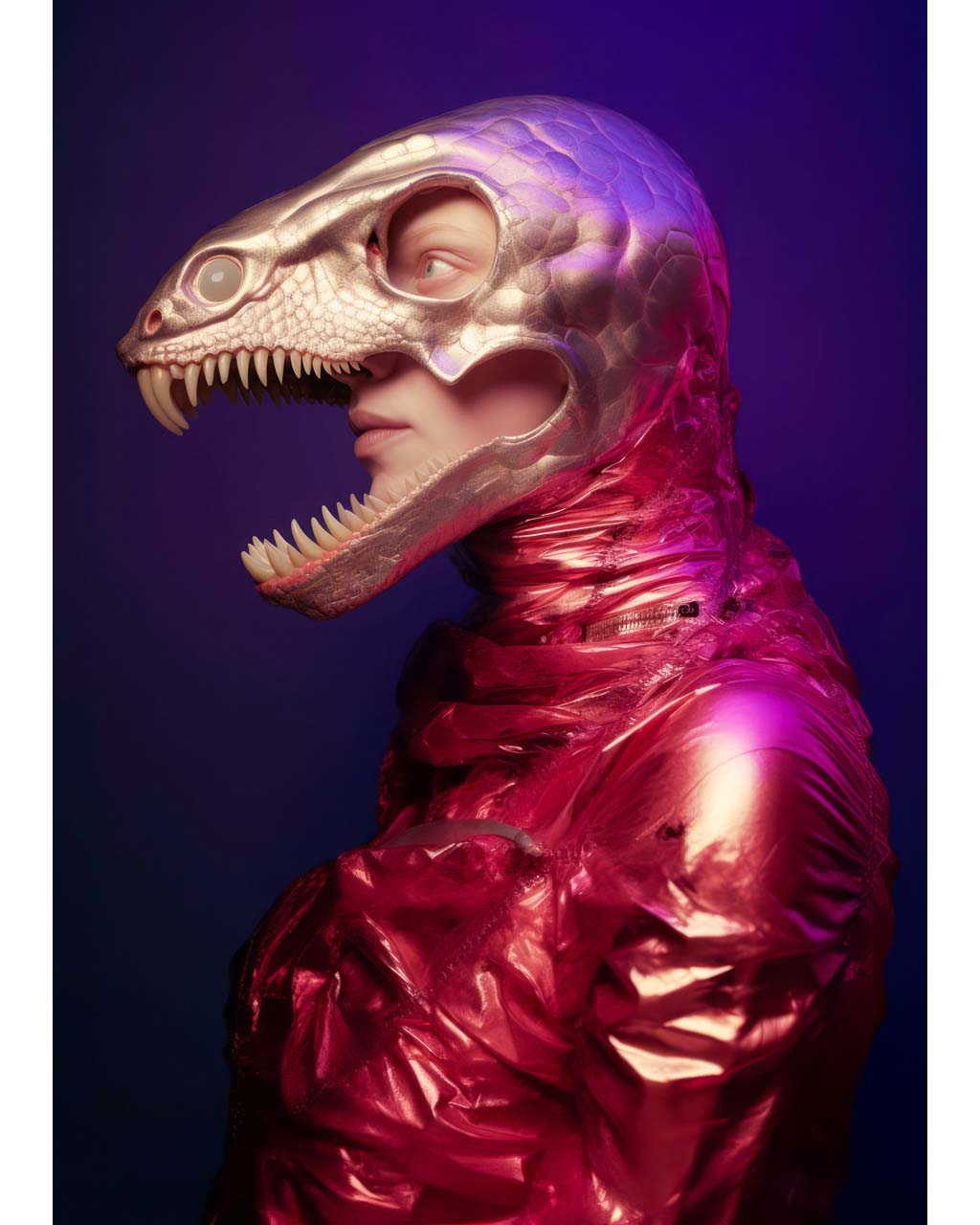 Art poster depicting a man donning a crimson suit and wearing golden lizard mask with scary teeth. Pretty rad!