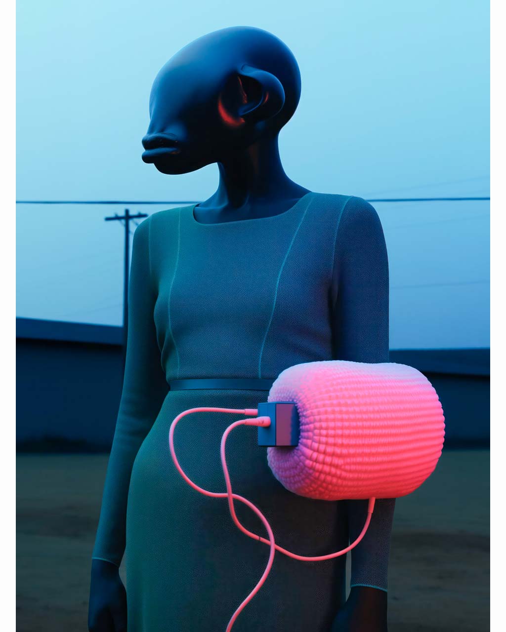 Poster art. A peculiar character with a pink apparatus in a rural dystopian scene.