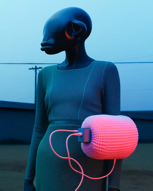 Poster art. A peculiar character with a pink apparatus in a rural dystopian scene.