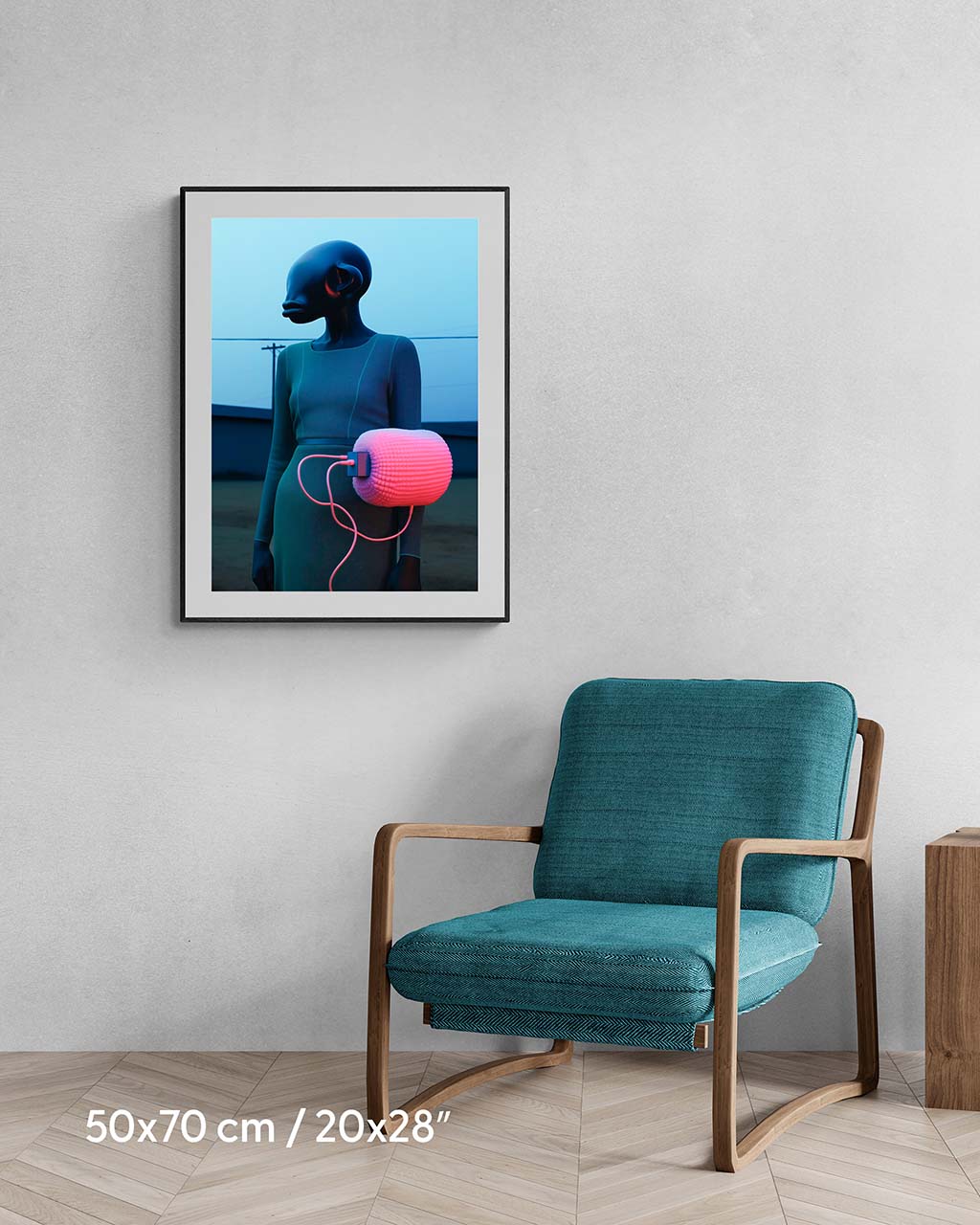 Framed poster on the wall. The poster depicts a peculiar character with a pink apparatus in a rural setting.