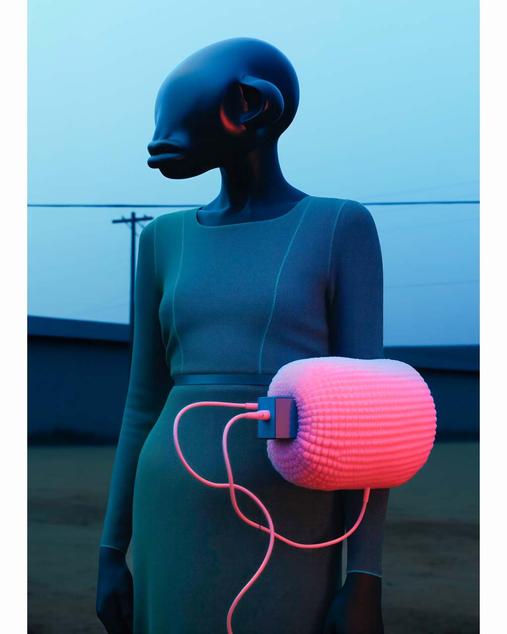 Poster art. A peculiar character with a pink apparatus in a rural dystopian scene.