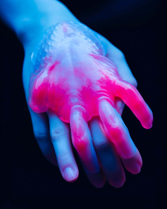 Poster art. Surrealist closeup image of a hand in pink and blue.