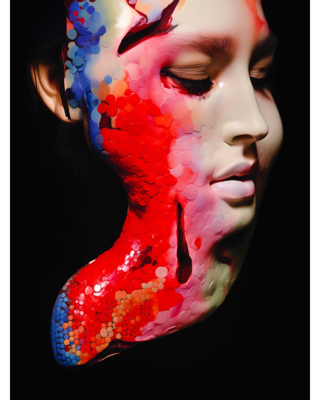 Poster Art. Distressed sculpture of a woman's torso with red paint on her body.