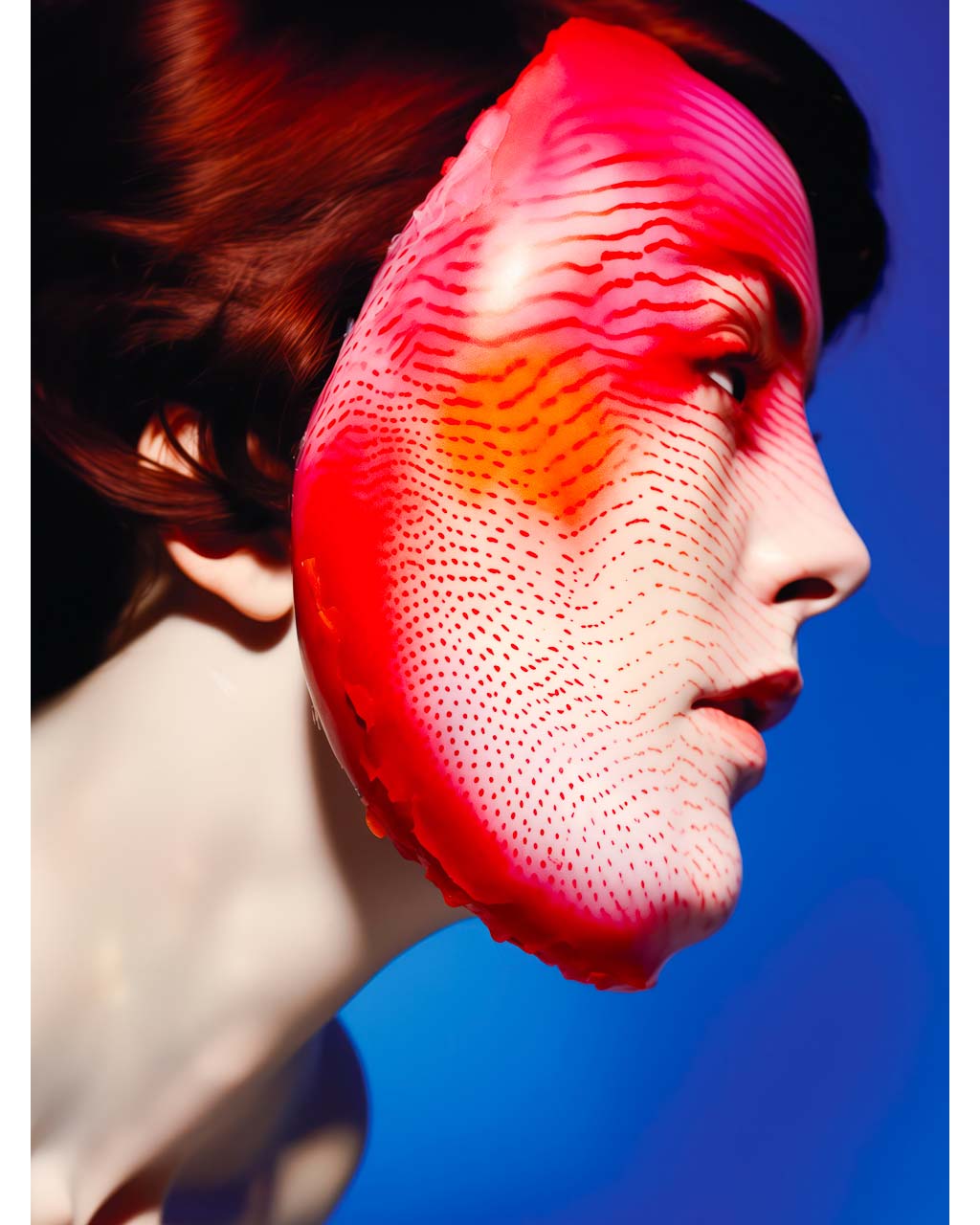 Poster art. Woman wearing a mask and striped red face paint.