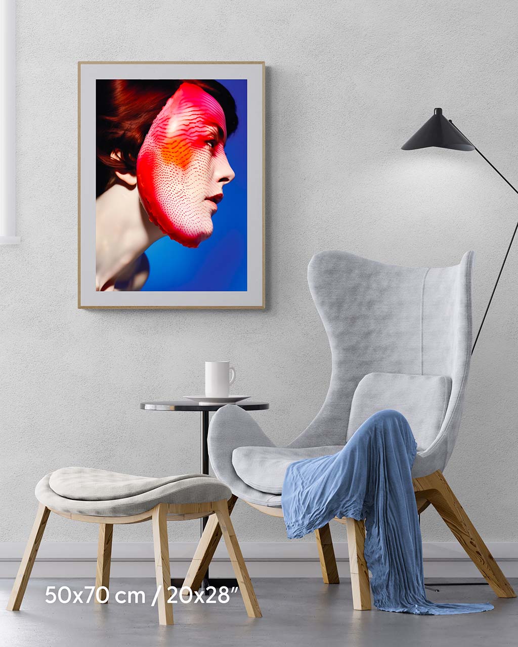 Framed poster on the wall. Poster features a woman wearing a mask and striped red face paint.