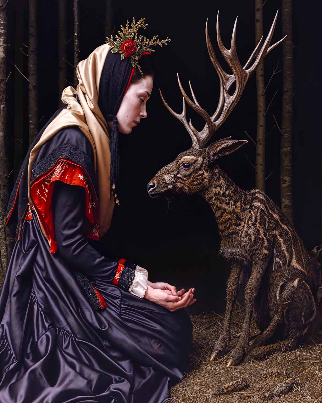 Woman feeding a deer in the dark forest